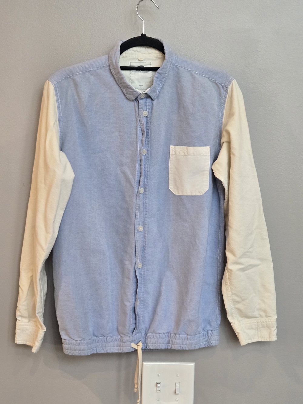 adlib Men’s Large Colorblock Oxford Button Down Shirt Drawstring Hem Blue Cream